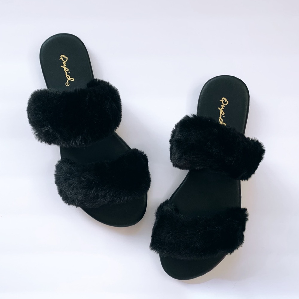 Black fuzzy fur slides slippers double band - Picture 2 of 11